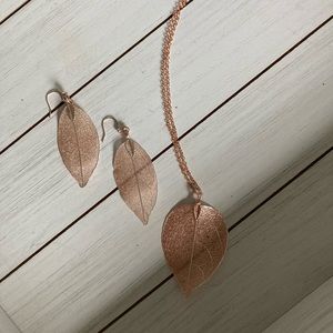 Rose Gold Colored Leaf Earrings and Necklace